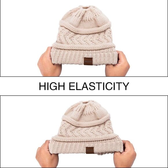 2 Pack Ponytail Beanie for Women,Winter Warm Beanie Tail Soft Stretch Cable Knit - Picture 6 of 6